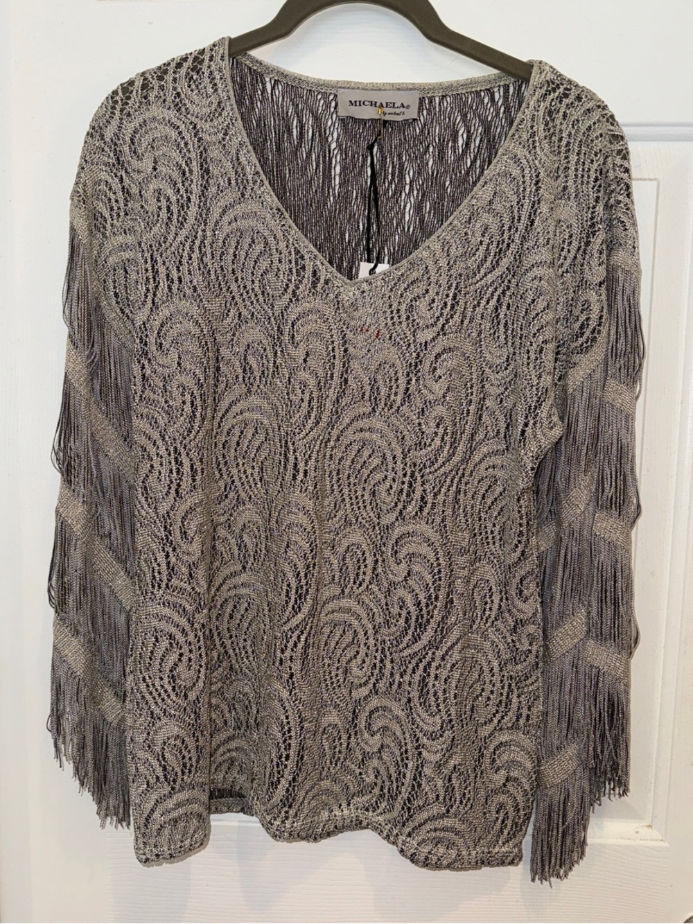 Metallic Gray Fringe Knit V-Neck Sweater by MICHAELA